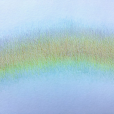 Halo chromatique n°2 (vert), cercle chromatique en 24 couleurs, crayons de couleur sur papier, 100 x 109 cm, 2019. (oeuvre entière et détail)