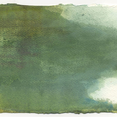 Diffusion de pigments bleus, verts ‘étang’ 1, pigments, aquarelle, liant aquarelle et gomme arabique sur papier aquarelle, 20,5 x 15 cm, 2020.