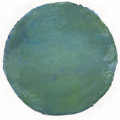 Diffusion de pigments verts ‘étang’ 7, pigments, aquarelle, liant aquarelle et gomme arabique sur papier aquarelle, 15 x 15 cm, 2020.